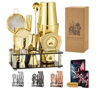 Jettory Set de Shaker à Cocktail 10 pièces en Acier Inoxydable - avec Base en Acrylique, passoire, Pince à Glace, cuillère, Verre doseur, et Pilon - Idéal pour la Maison (Or)