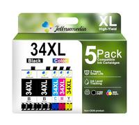 Jettruemedia 34XL Cartouche d'encre Compatible 34 XL pour Workforce Pro WF3725DWF WF3720DWF WF-3725DWF WF-3720DWF WF3725 WF3720 3725DWF 37250DWF - 5 Paquets