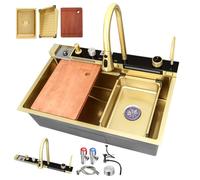 JETXYHUB Évier de cuisine, doré, 80 x 45 cm, avec affichage numérique, grande capacité et bac simple, station de travail avec robinet extensible et kit complet d'accessoires