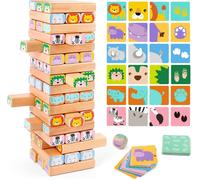 Jeu D`Empilage De Blocs En Bois Jeu De Société Familial 4 En 1 Tour Avec Blocs De Construction, Cartes Et Dé Jouet Éducatif Animaux African Safari Pour Enfants De 3 À 9 Ans[Z983]