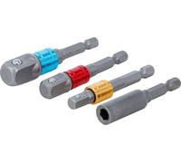 Jeu d'adaptateurs pour perceuses | couleur | entraînement hexagonal extérieur 6,3 mm (1/4") | sortie carré extérieur 6,3 mm (1/4"), 10 mm (3/8"), 12,5 mm (1/2"), hexagone intérieur 6,3 mm (1/4") | 4 p