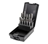 Jeu de 10 fraises rotatives STIER, diamètre de queue de 6 mm, formes des fraises : cylindre avec coupe en bout, cylindre à bout rond, ovale, goutte et pointe ; grande vitesse de coupe (840 m/min)