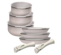 Jeu de 6 pièces : 3 poêles Ø18Ø20Ø24cm et 3 casseroles Ø16Ø18Ø20cm en aluminium pressé avec revêtement ILAG avec 2 poignées amovibles