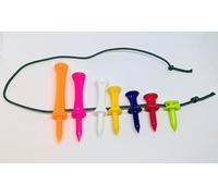Jeu de 7 tees de golf multicolores en plastique, longueurs de 25 à 70 mm, design percé avec cordon de connexion, fabriqué au Royaume-Uni