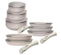 Jeu de 8 pièces : 5 poêles Ø18Ø20Ø24cm(x2) Ø28cm et 3 casseroles Ø16Ø18Ø20cm en aluminium pressé avec revêtement ILAG avec 2 poignées amovibles