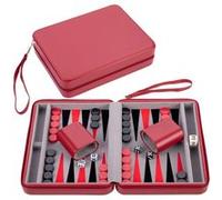 Engelhart - 250500 - Jeu de Backgammon de Voyage 9 Pouces - Pochette Rouge avec Fermeture Éclair - Compact, Portable et Durable - Intérieur Feutré Gris/Noir/Rouge - Accessoires Inclus - Jeux de Voyage