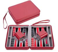 Engelhart - Jeu de backgammon de voyage 250500 - 9 pouces, pochette rouge zippée, accessoires