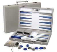 Jeu de Backgammon pour Adultes - Plateau de Backgammon de Luxe en Cuir PU avec Étui, Jetons en Acrylique et Gobelets à Dés - Élégant Set de Backgammon Gris, Jeu de Société Classique