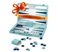 Jeu de Backgammon Premium 15" Turquoise pour Adultes - Plateau Luxe en Similicuir PU avec Coffret, 32 Pions Acryliques, Gobelets à Dés et Cube de Double