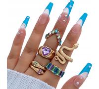 JEU DE BAGUES RETRO PUNK VINTAGE 5 Pcs Coeur Serpent PASTEL