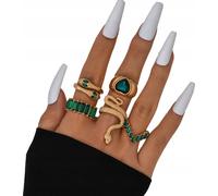 JEU DE BAGUES RETRO PUNK VINTAGE 5 pièces Serpent Coeur Vert