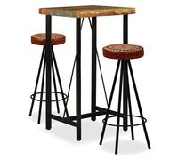 Jeu de Bar 3 pcs Bois de Récupération et Toile Tabourets Cuir Véritable vidaXL