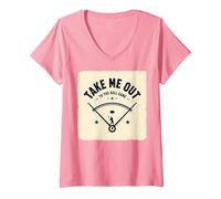 Jeu de Baseball rétro Take Me Out to The Ball T-Shirt avec Col en V, Femme, Rose, M