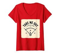 Jeu de Baseball rétro Take Me Out to The Ball T-Shirt avec Col en V, Femme, Rouge, M