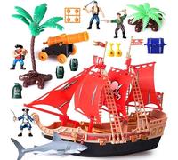 Jeu de Bateau Pirate pour Enfants, Grand Bateau Pirate avec Canon, Requin, Palmier & Figurines de Pirates, Cadeau Éducatif de Jeu de Rôle pour Garçons et Filles dès 3 Ans