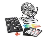 Jeu de Bingo - Tambour en métal - 18 billets de bingo - 75 balles de bingo - 150 jetons - Plateau de jeu noir - Pour adultes et enfants - Basic (2026)