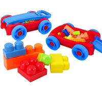 Jeu de blocs dans un chariot bleu et rouge sur roues