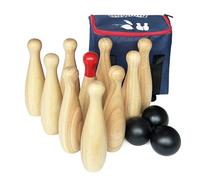 Jeu de bowling en bois dur avec 10 broches et 3 balles dans un sac de transport (23 cm de haut, naturel)