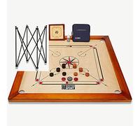 Jeu de carrom - Plateau de jeu à carreaux - En bois naturel - Fabriqué en Inde - Pions Striker dans un petit sac - Parfait et complet (avec table)