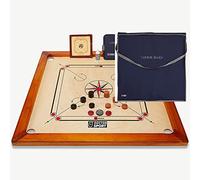 Jeu de carrom - Plateau de jeu à carreaux - En bois naturel Kikar - Fabriqué en Inde - Petit sac - Parfait et complet