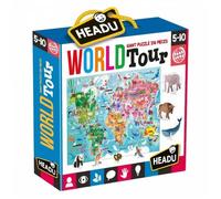 Headu - World Tour - Un Puzzle Géant de 108 Pièces | Jeu Éducatif 5-10 Ans, Carte du Monde 60 x 44 cm, Animaux 3D, Premières Notions de Géographie, Made in Italy