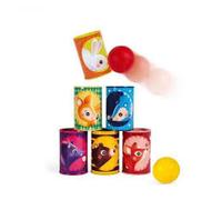 Janod Jeu de Chamboule-Tout Forêt - 6 boîtes métal, 2 balles mousse - Motricité fine dès 3 ans