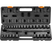 Jeu de clés à douilles à choc VEVOR 3/8 pouces, jeu de 29 clés à douilles plates SAE 3/8-1 pouces et métriques 8-22 mm, acier allié CR-V 6 points, y compris coffret de rangement