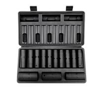 Jeu de clés à douilles professionnelles en acier allié CR-V - Jeu de 13 clés à douilles 10-24 mm - Douilles profondes pour visseuse à chocs - HRC 42-48 - Coffret à outils inclus - Extracteur de vis mé