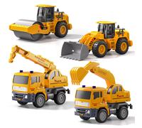 Jeu de construction de camions, lot de 4 véhicules d’ingénierie à propulsion par frottement avec excavatrice, grue, bulldozer et rouleau compresseur, jouet éducatif à pousser, idée cadeau pour garçons
