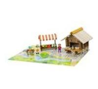 JeuJura - Jeu de construction La Place du Marché - 80 pièces en bois naturel et teinté, tapis, 3+ans