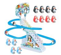Jeu De Course De Pingouins avec Musique Et Lumières LED - Jouet Électrique pour Monter Les Escaliers Et - Piste De Course De Montagnes Russes Interactive en ABS Comprenant 12 Pingouins Et Char