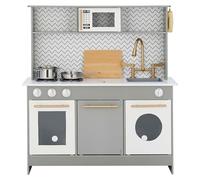 Jeu de Cuisine Gris en Bois pour Enfant Teamson Fille et Garçon TD-12681A | 6 accessoires de cuisine, ensemble de cuisine en bois pour tout-petits, dosseret moderne à chevrons, matériel doré