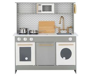 Jeu de Cuisine Gris en Bois pour Enfant Teamson Fille et Garçon TD-12681A | 6 accessoires de cuisine, ensemble de cuisine en bois pour tout-petits, dosseret moderne à chevrons, matériel doré