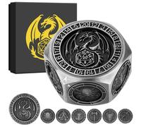 Jeu de dés DND en métal unique avec dragon et symboles mythiques, dés en métal de qualité supérieure pour jeux de dés, cadeau parfait pour les fans de RPG, livré avec une boîte exquise, argenté