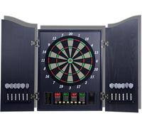 Jeu de fléchettes électronique avec armoire, machine à fléchettes murale, tableau de score numérique et écran LCD pour fêtes et soirées de jeux, comprend deux portes en bois