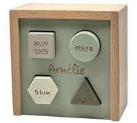 Jeu de formes olive | Cadeau de naissance personnalisable I Jouet en bois fait à la main à partir de 1 an I Cadeaux personnalisés pour bébé I Étiquette | Boîte à emboîter avec nom et dates de