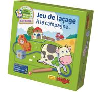 HABA 5895 - Mon premier univers de jeu - La ferme - Jeu d'enfilage HABA à la ferme avec 10 figurines de laçage en bois et 4 modèles (Fabriqué en Allemagne)