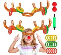 Jeu de Lancer de Bois de Renne Gonflables, 2 Pcs Jeu de Lancer d'Anneaux Gonflables de Noël, Mélanger Gonflable Renne avec 12 Anneaux, Nez de Clown et Pompe, Amusant Jeux Familial Intérieur Extérieur