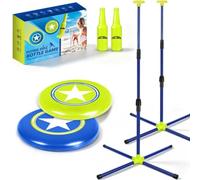 Jeu de lancer de bouteille réglable en métal avec base croix, compteur de scores, disque volant flexible en polyéthylène et sac de rangement, fonctionne sur toutes les surfaces planes pour le jardin