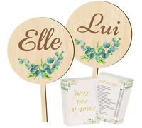 Jeu de mariage binôme pour invités - 2 pancartes ""Elle et Lui"" en bois + 12 cartes quiz des mariés - Animation cérémonie de mariage
