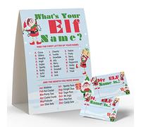 Jeu de nom « What's Your Elf », jeux de fête de Noël, 50 étiquettes autocollantes et un panneau, jeux de fête d'anniversaire, jeux de fête prénatale - G017