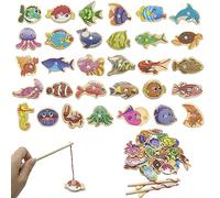 Jeu de Pêche en Bois Magnétique, 31 Jeux de Pêche en Bois de Sécurité pour Enfants avec 2 Boîtes de Canne à Pêche Magnétiques pour Garçons et Filles de plus de 3 ans pour la Fête D'anniversaire
