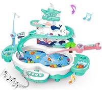 Jeu de Pêche pour Enfants, Jeux Peche a La Ligne Jouet avec 10 Poissons, 3 Dauphins, 2 Cannes à Pêche, Plateau Rotatif, Musical Jeu Educatif Jouet, Race Track Toys pour Enfant Garcon Fille 3 4 5 6 Ans