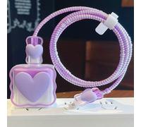 Jeu de protection de câble de données compatible avec chargeur 18/20W, comprenant un étui de protection en forme de cœur violet mignon, une corde de protection de câble et un dispositif de protection