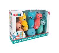 Ludi - Jeu de Quilles Souples pour Bébé - Dès 10 Mois - 5 Quilles Animaux Faciles à Prendre en Main + Balle Ergonomique - Dextérité, Vise et Coordination - Silencieux et Léger - 100% PVC, Lavable
