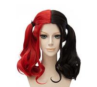 Jeu de rôle féminin perruque longue | fvcent blonde rose et bleu moyen bouclé queue de cheval perruque carnaval halloween costume Party (Noir et rouge)