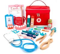 Jeu de rôle - Malette Docteur Enfant en Bois - 23 pièces - Stéthoscope, Thermomètre, Dentiste, Seringue