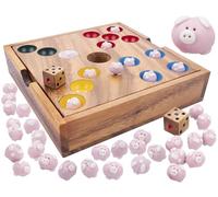 Jeu de Société en Bois et Jeu de Dés Trou du Cochon 60 Petits Cochons Roses en Céramique, Coffret Bois 18,5 cm, 1 Dé - Ambiance Familiale dès 6 Ans, 2 à 6 Joueurs 350440