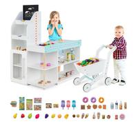 Jeu de Supermarché Marchande Enfants avec 39 Accessoires Chariot Lumières LED Caisse Enregistreuse Tableau Noir Convoyeur