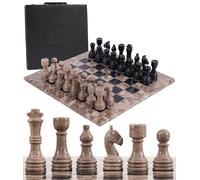 Jeu d'échecs de qualité supérieure fait à la main en marbre noir et océanique de 38,1 cm avec boîte de rangement - Échiquier de luxe en pierre naturelle et pièces - Jeu de stratégie à 2 joueurs pour